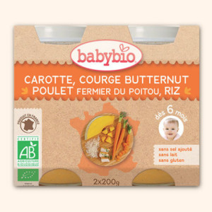 Petit Pot Menu Carotte, Courge Butternut, Poulet fermier du Poitou, Riz - 2x200g
