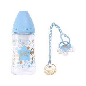 Pack Couture Biberon 270ml + Sucette 0-4 mois + Attache-Sucette Bleu