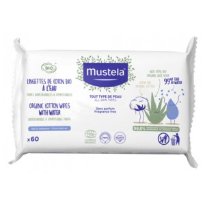 Mustela Lingettes de Coton Bio à l'Eau - 60 Lingettes
