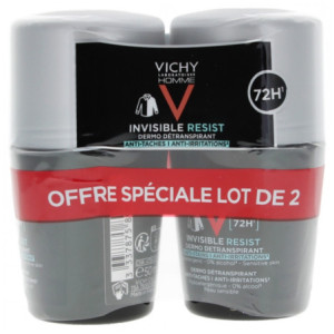 Vichy Homme Déodorant Invisible Resist Dermo-Détranspirant 72H Roll-On - Lot de 2 x 50 ml