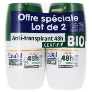 Etiaxil Déodorant Anti-Transpirant Végétal 48h Roll-On Bio Senteur : Thé Vert - Lot de 2 x 50 ml 