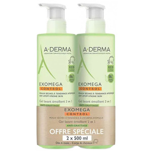 A-DERMA Exomega Control Gel Lavant Émollient 2en1 Anti-Grattage - Lot de 2 x 500 ml